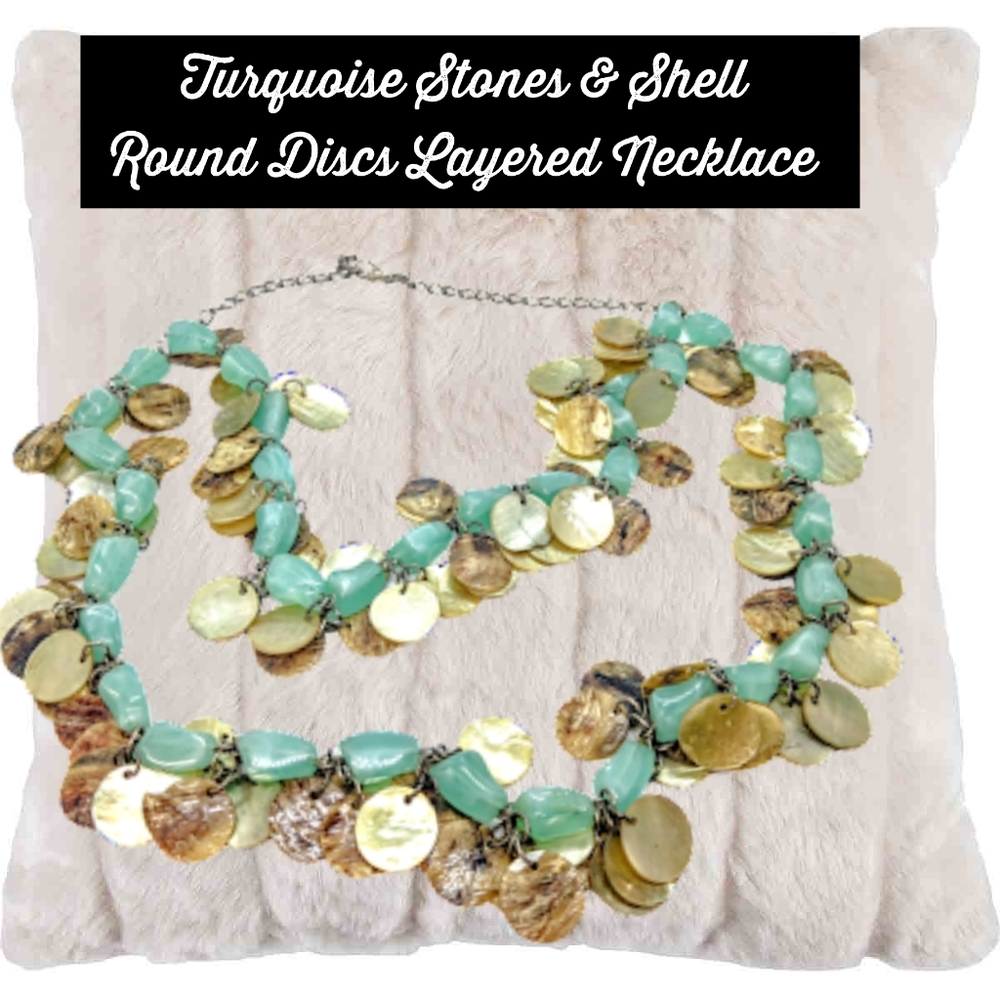 Green/Bluish Stones & Shell Round Discs Layered Necklace